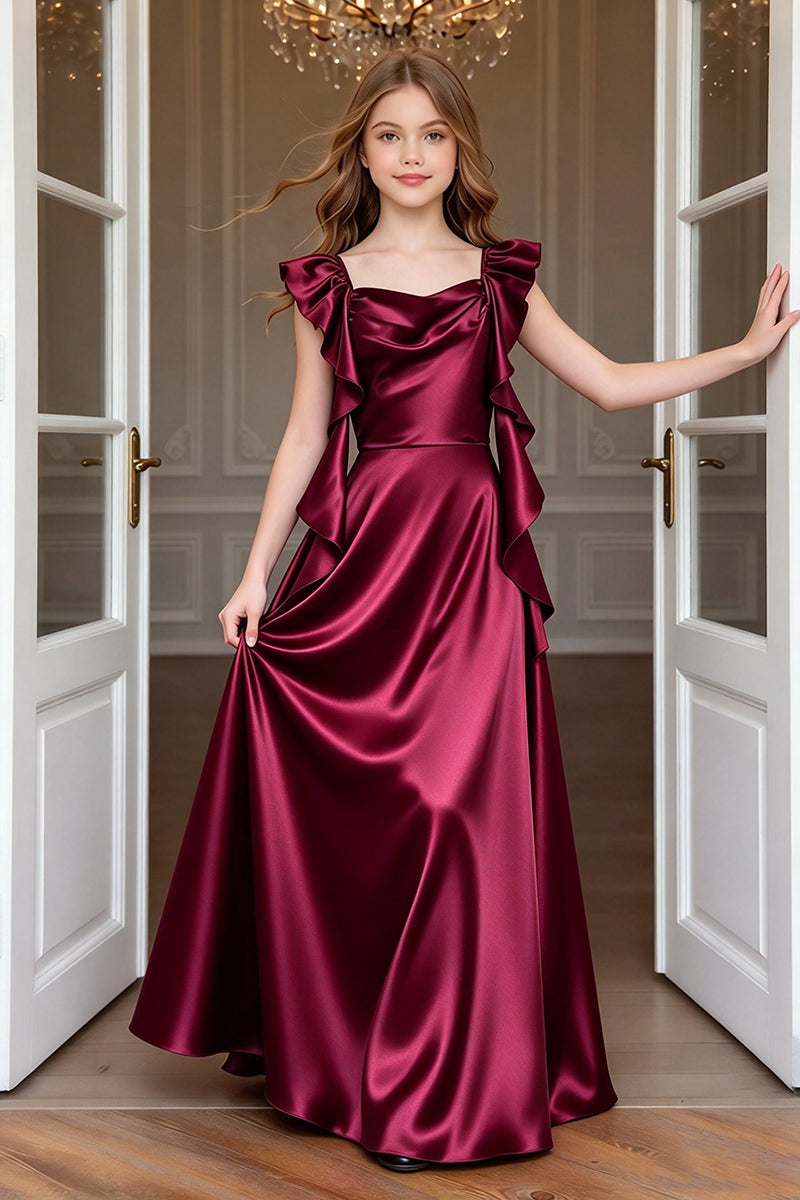 Girls Navy Satin Long Dress for Weddings