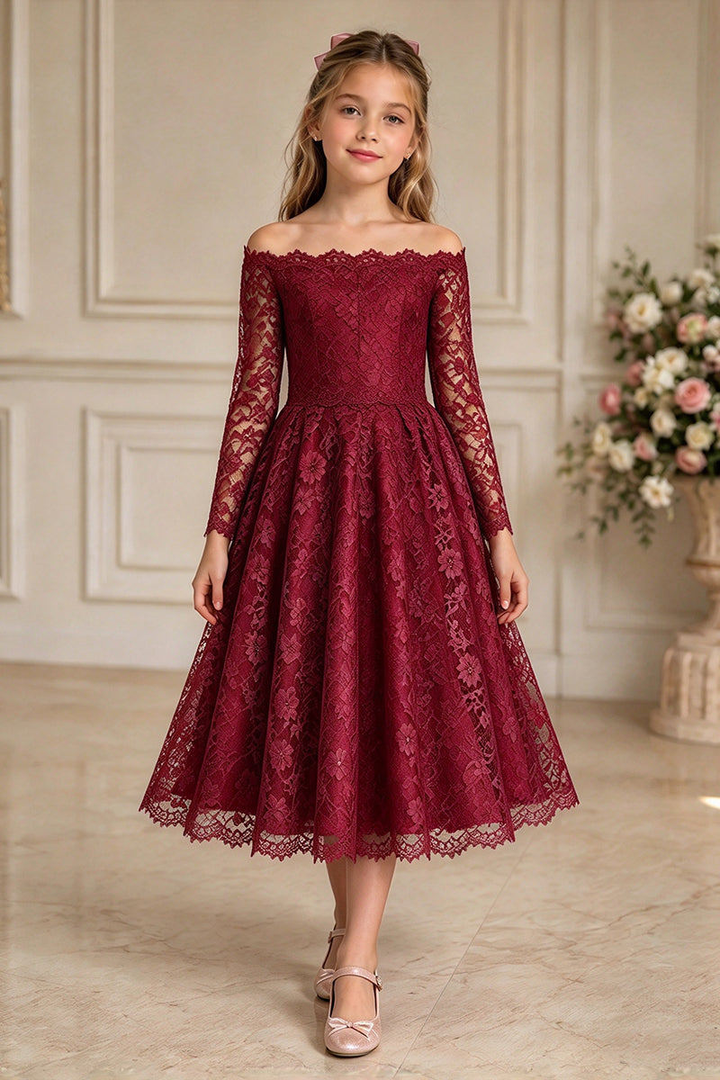 Girls Dusty Pink Lace Midi Dress for Weddings
