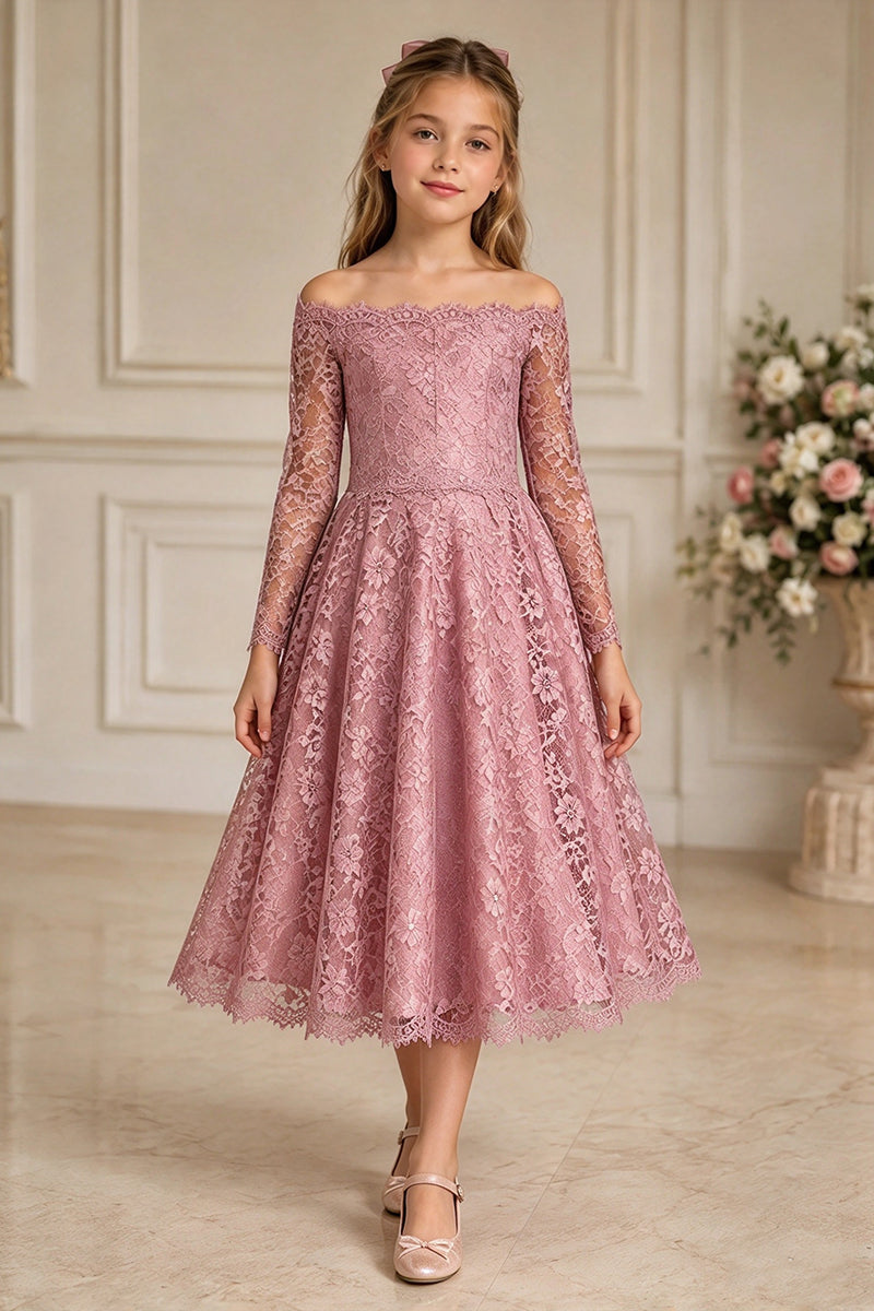 Girls Dusty Pink Lace Midi Dress for Weddings