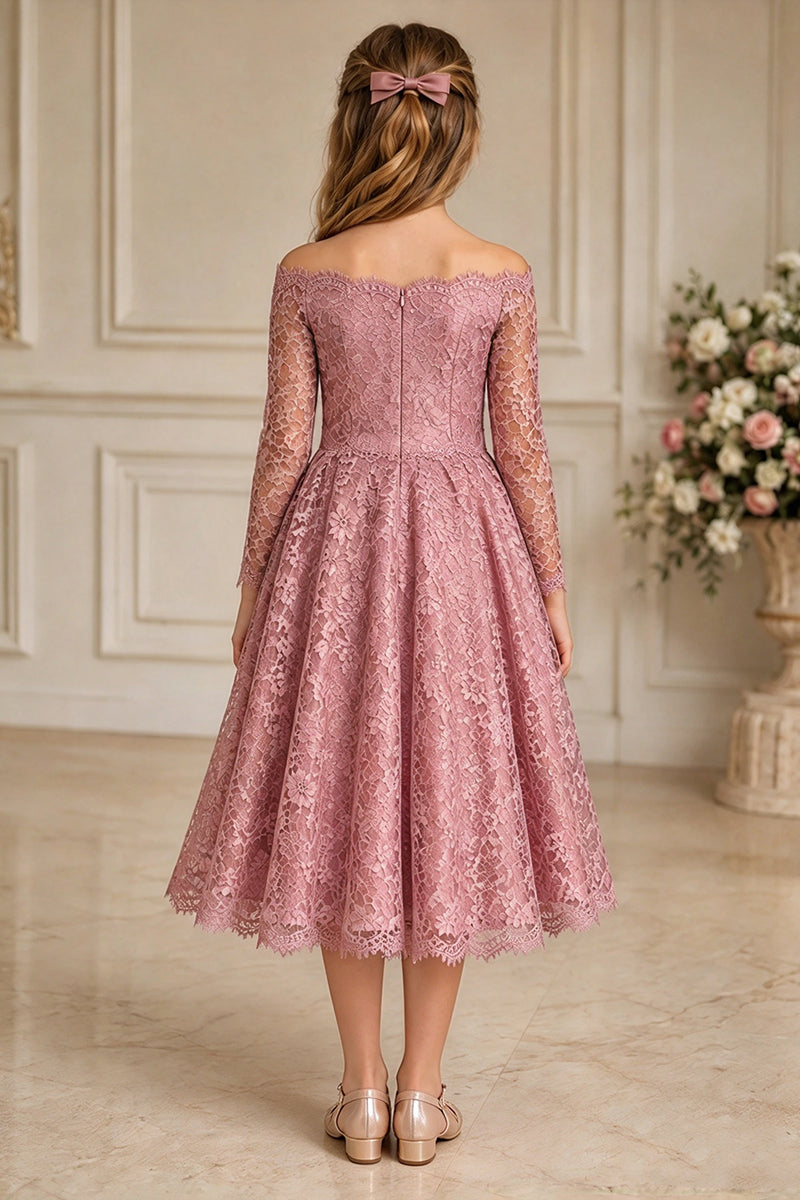 Girls Dusty Pink Lace Midi Dress for Weddings