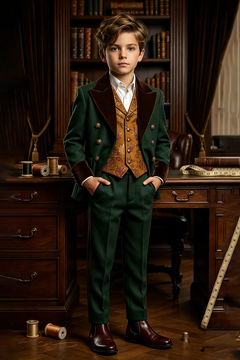 Boys Green with Velvet Lapel Trim 2-Piece Suit