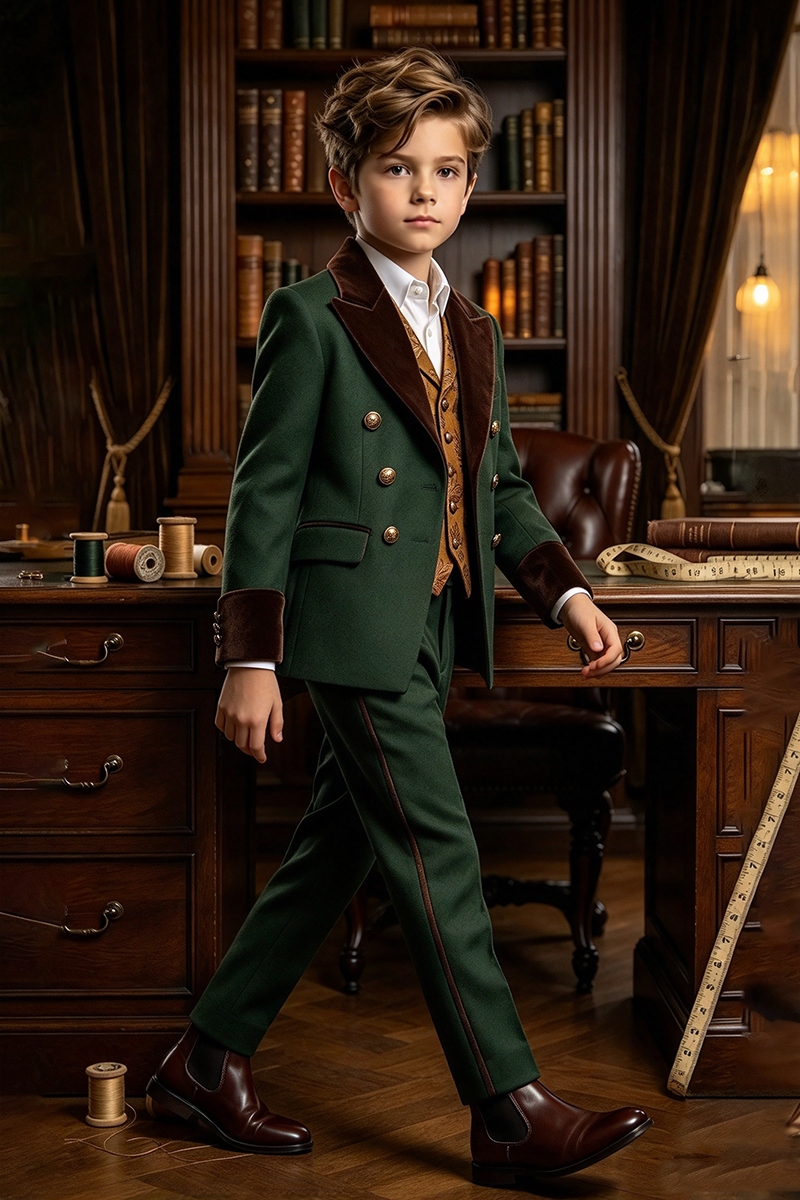 Boys Green with Velvet Lapel Trim 2-Piece Suit