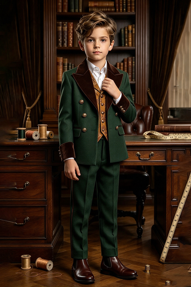 Boys Green with Velvet Lapel Trim 2-Piece Suit