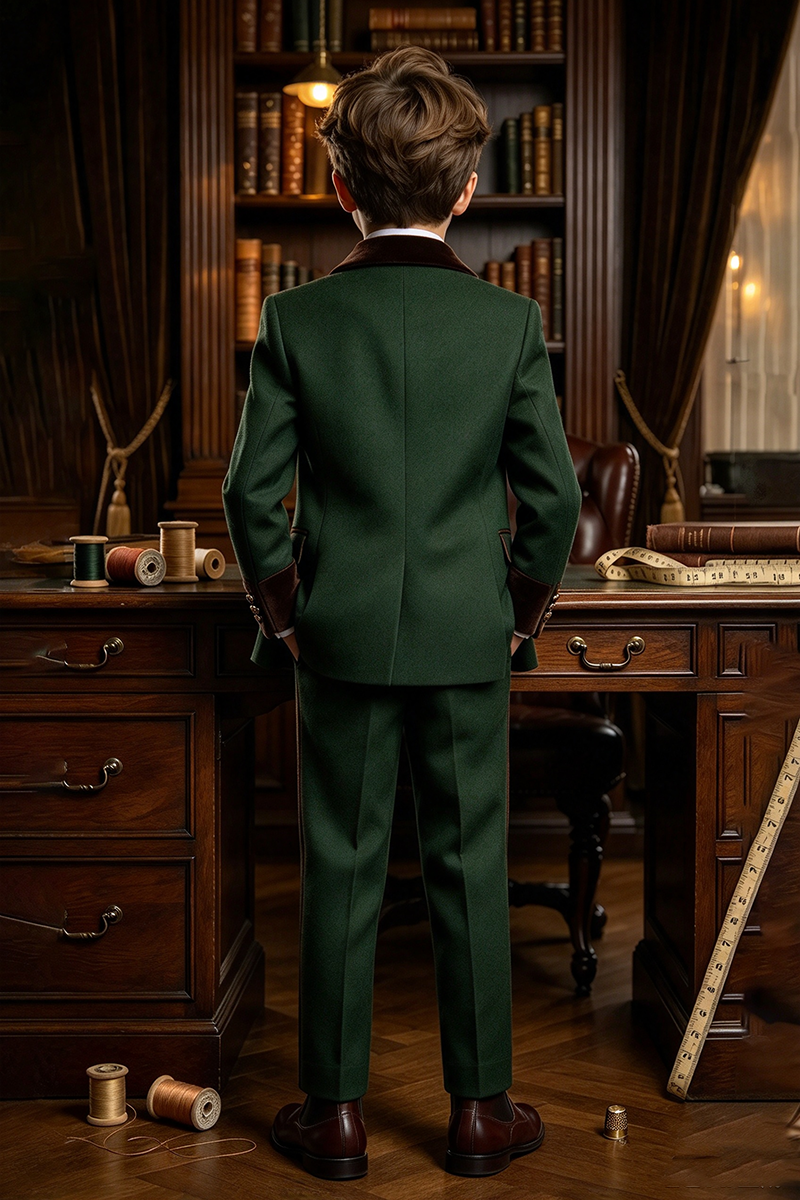 Boys Green with Velvet Lapel Trim 2-Piece Suit