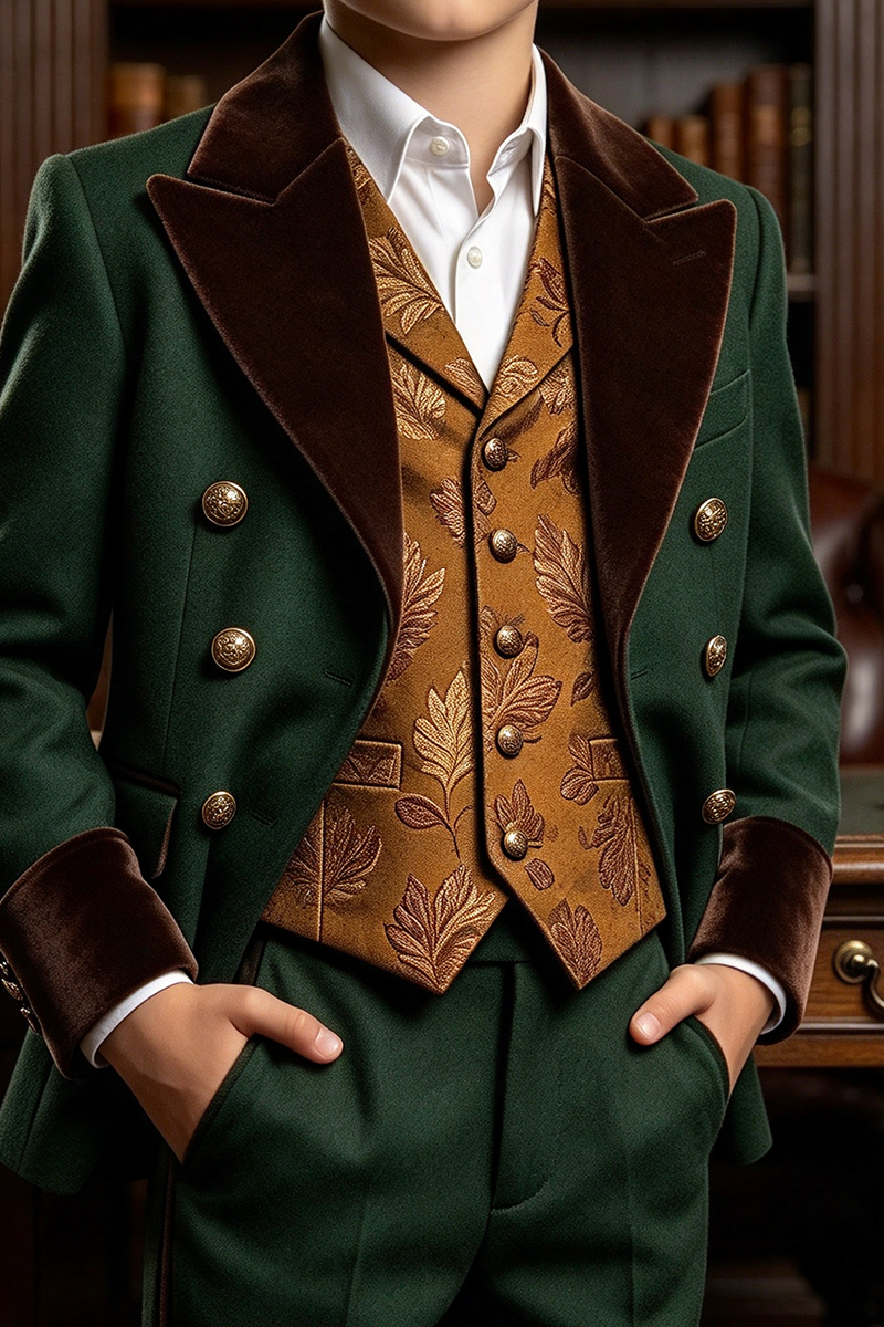 Boys Green with Velvet Lapel Trim 2-Piece Suit