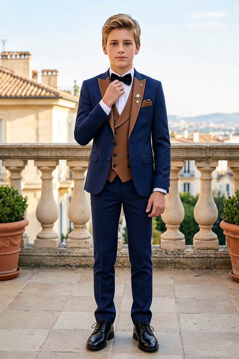 Boys Navy with Contrast Brown Lapel 3-Piece Suit