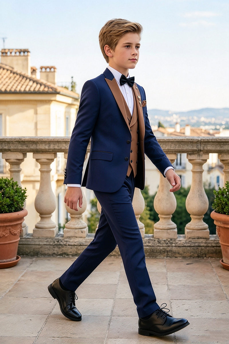 Boys Navy with Contrast Brown Lapel 3-Piece Suit