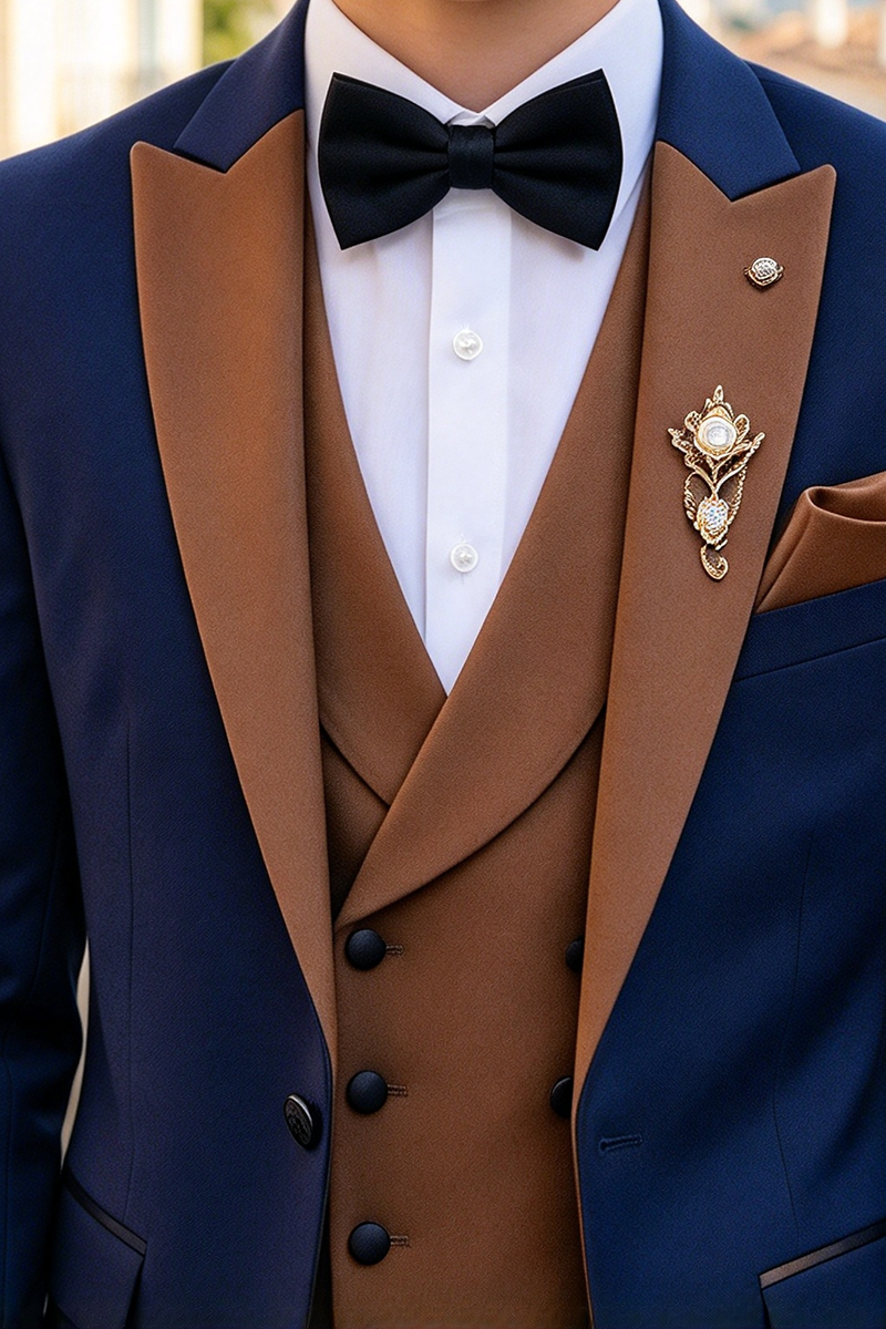 Boys Navy with Contrast Brown Lapel 3-Piece Suit