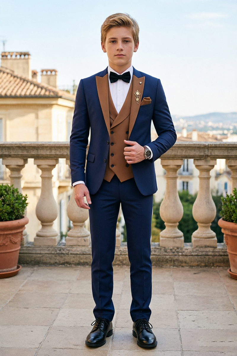 Boys Navy with Contrast Brown Lapel 3-Piece Suit