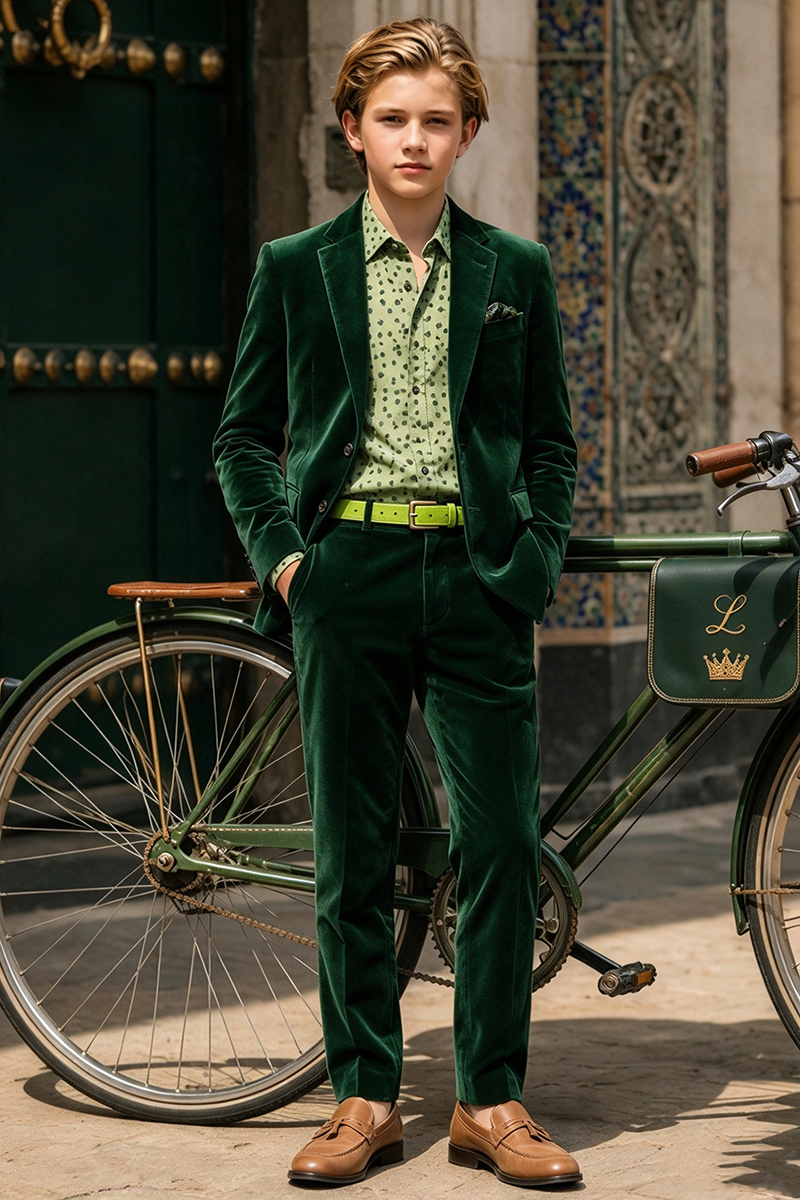 Boys Green Velvet 2-Piece Suit with Notched Lapel