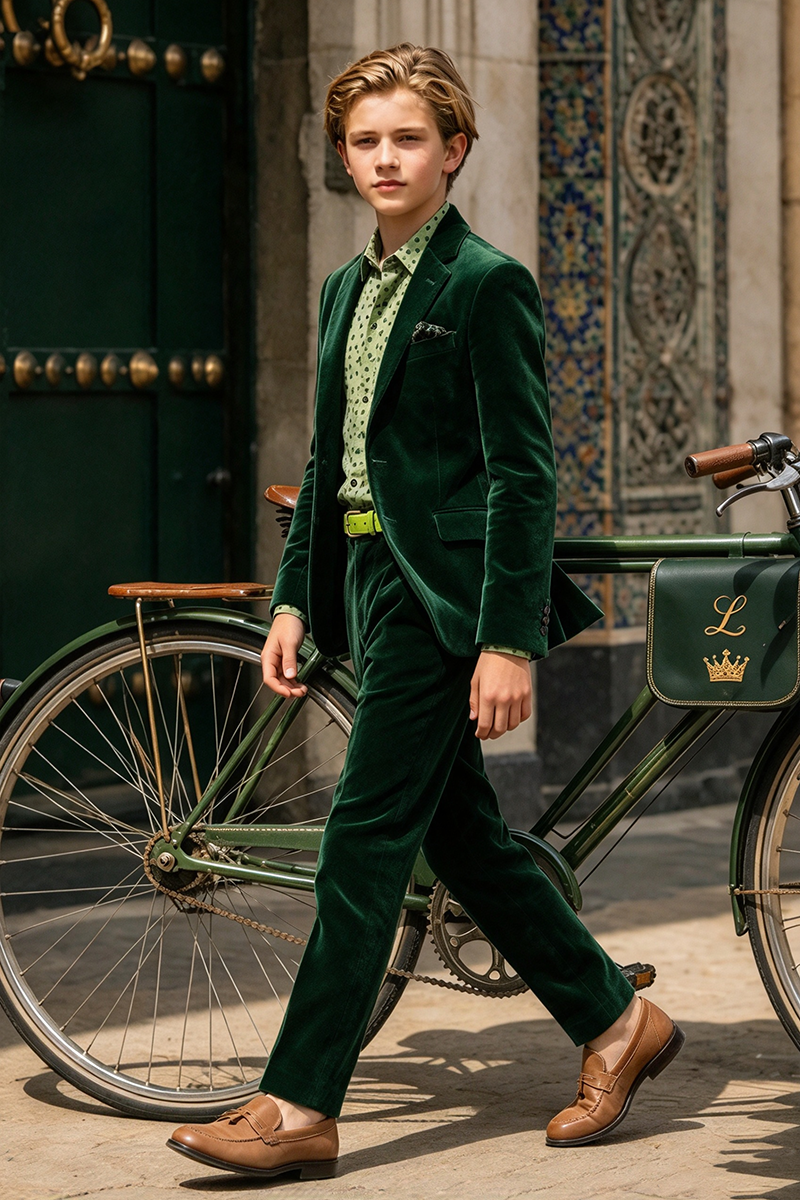 Boys Green Velvet 2-Piece Suit with Notched Lapel