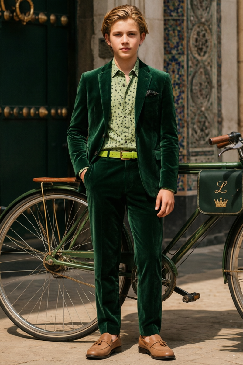 Boys Green Velvet 2-Piece Suit with Notched Lapel