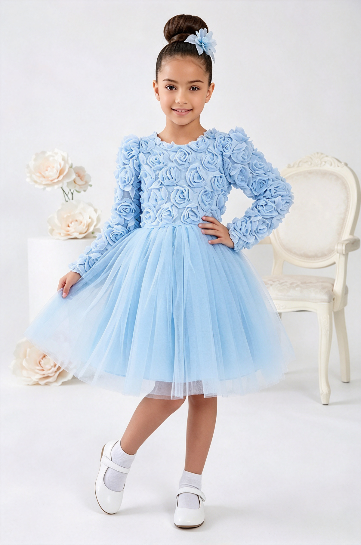 Light Blue Tulle 3D Rose A-Line Party Dress