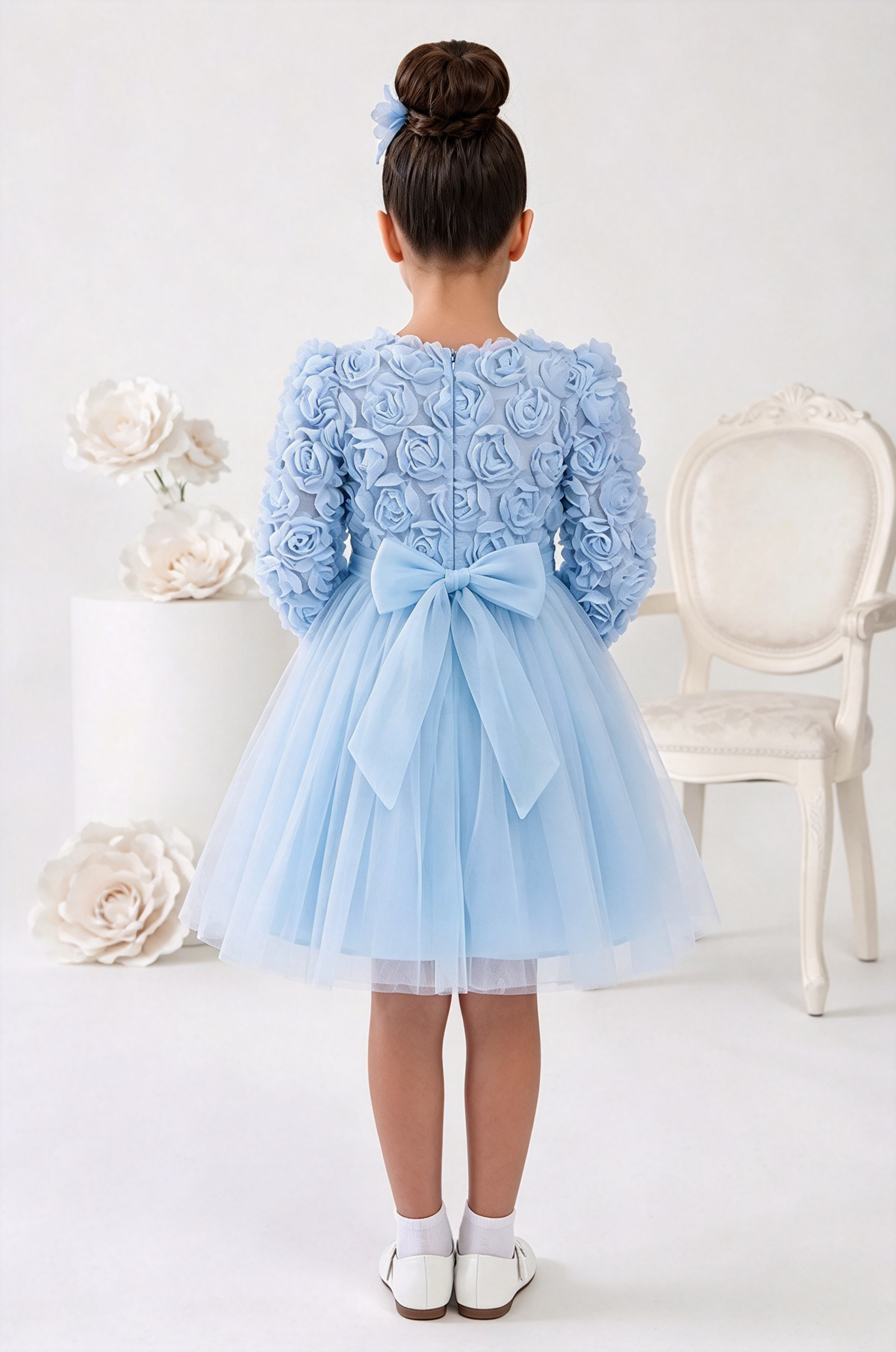 Light Blue Tulle 3D Rose A-Line Party Dress