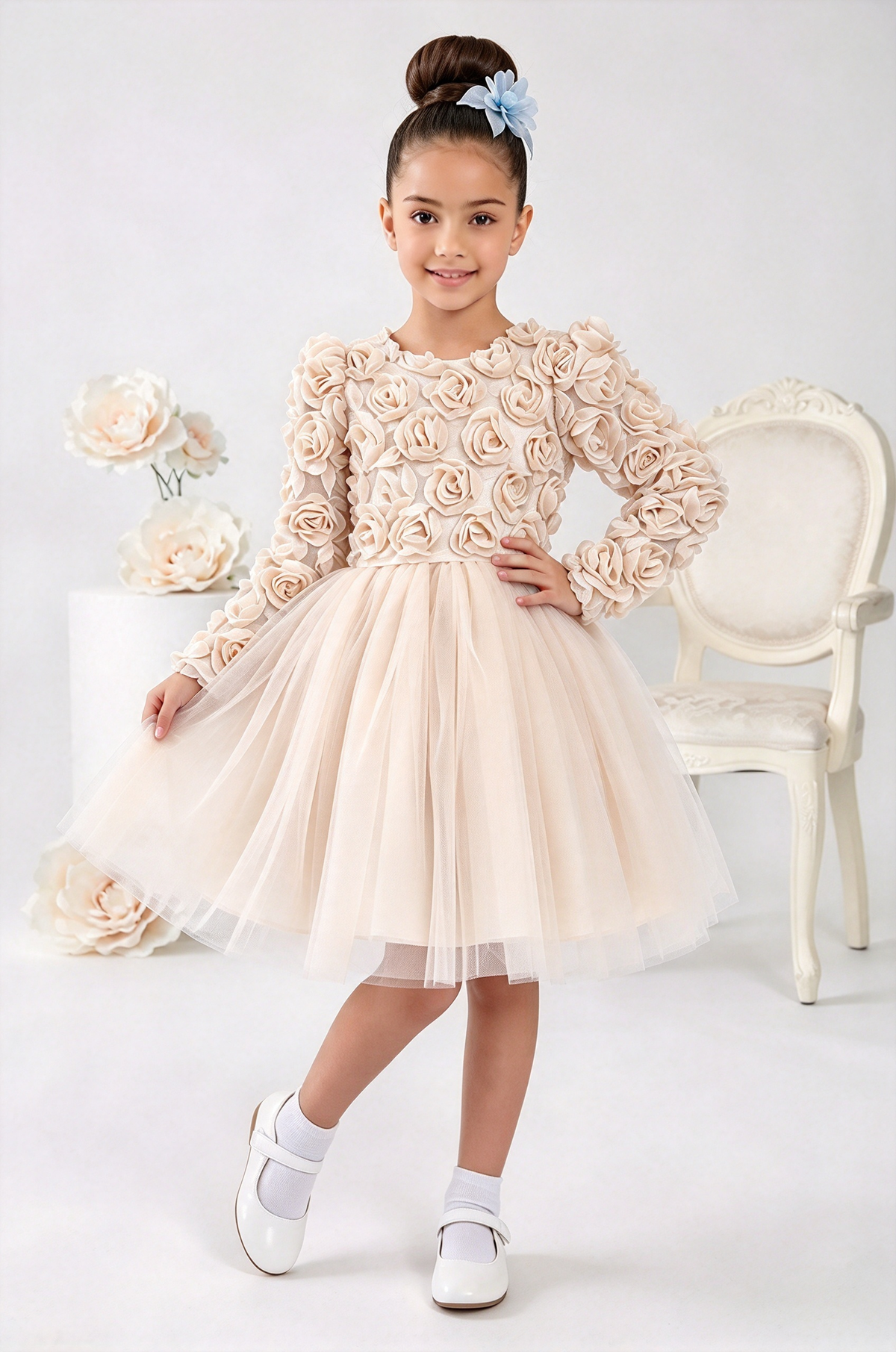 Light Blue Tulle 3D Rose A-Line Party Dress