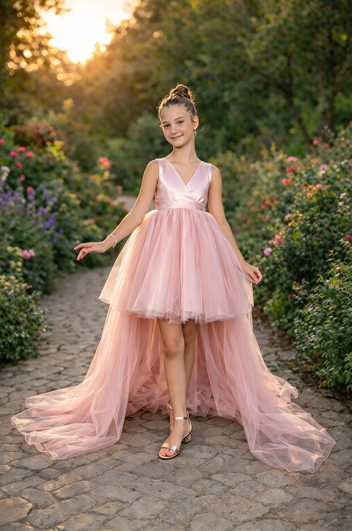 Pink Satin Tulle High Low A-Line Dress