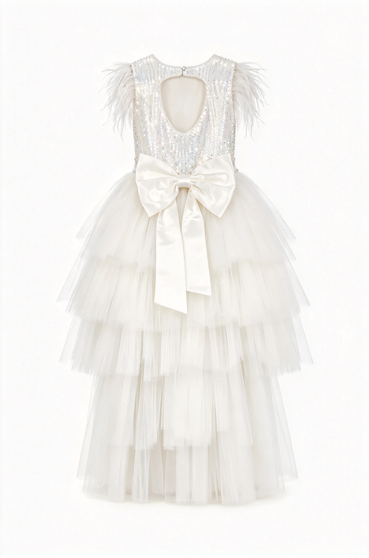 Pink Sequin Tulle Bow Cake Feather Sleeveless Flower Girl Dress