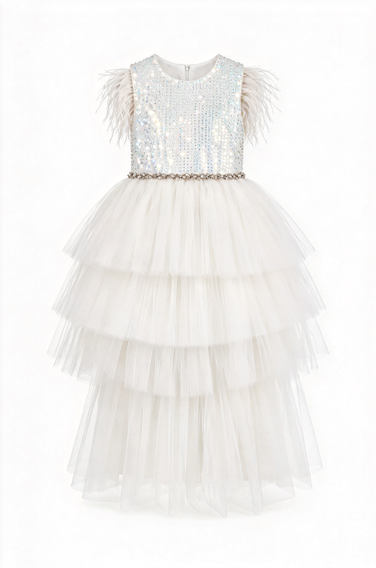 Pink Sequin Tulle Bow Cake Feather Sleeveless Flower Girl Dress