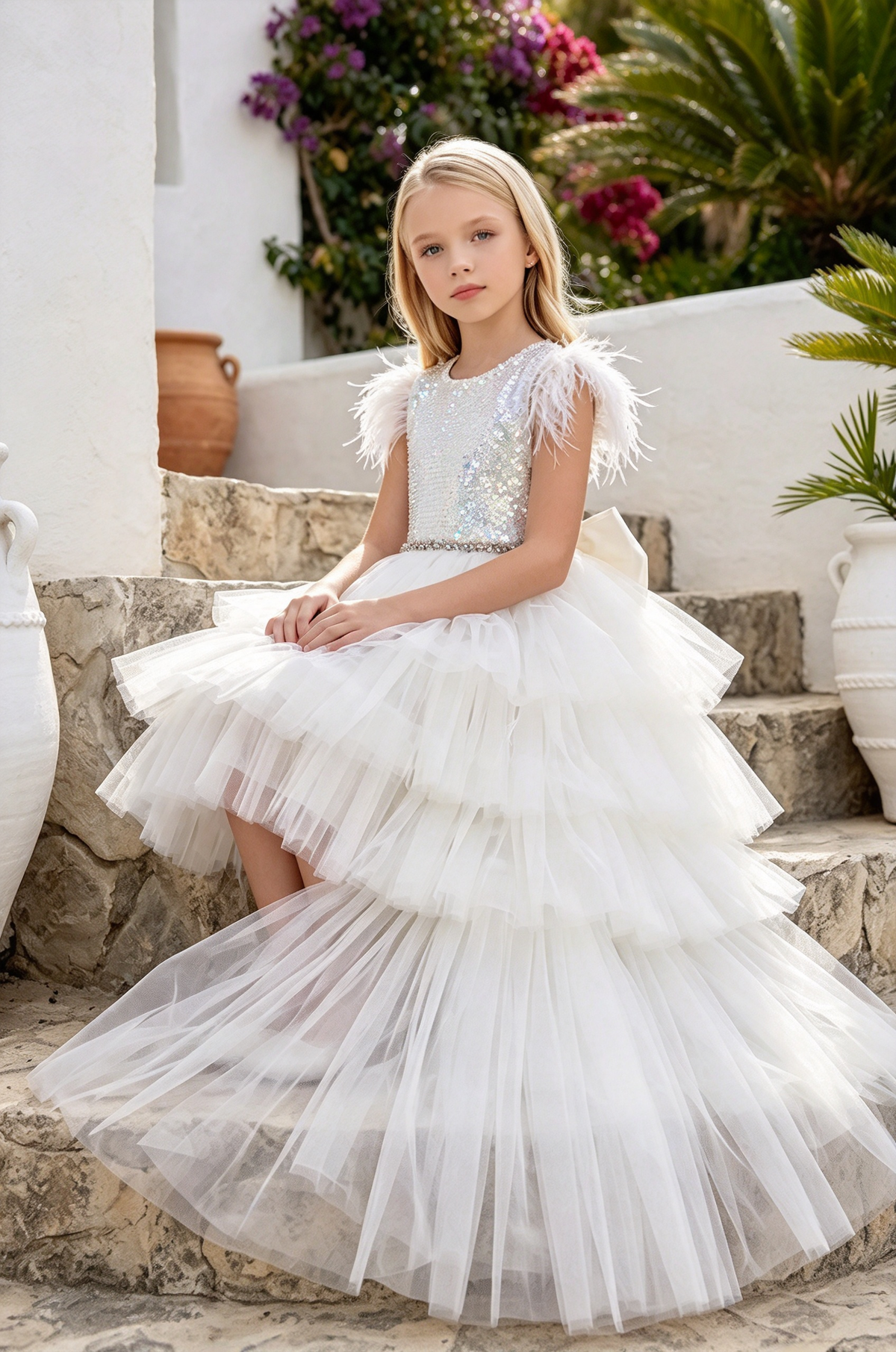 Pink Sequin Tulle Bow Cake Feather Sleeveless Flower Girl Dress