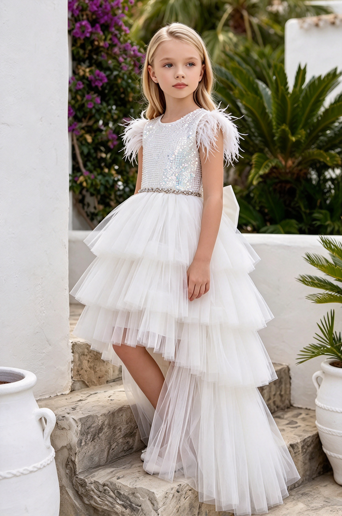 Pink Sequin Tulle Bow Cake Feather Sleeveless Flower Girl Dress
