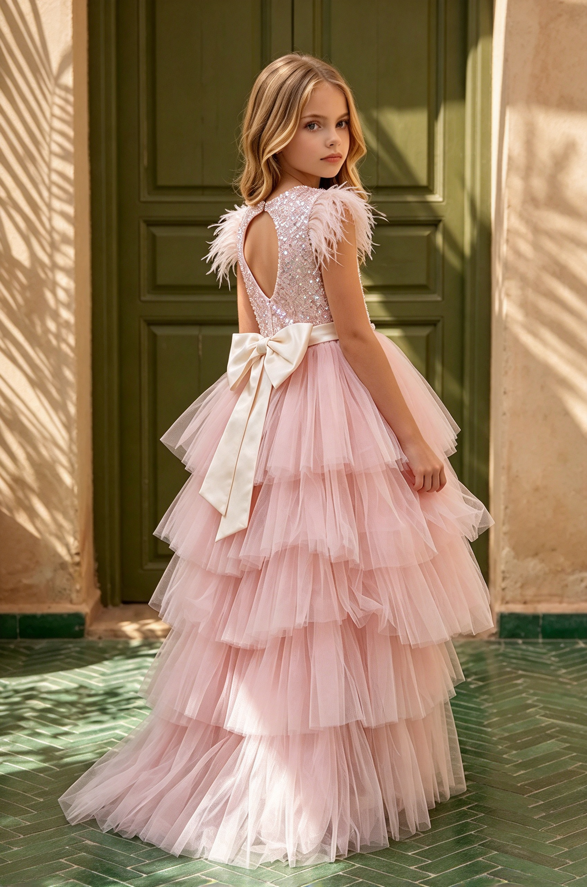 Pink Sequin Tulle Bow Cake Feather Sleeveless Flower Girl Dress