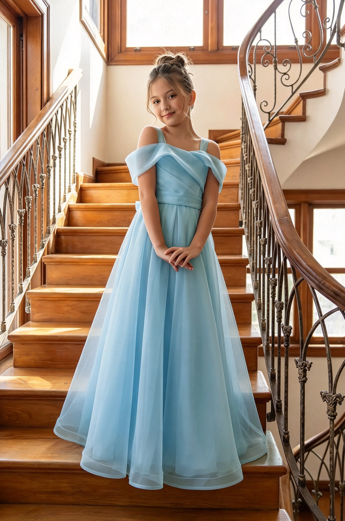 Light Blue Off Shoulder Organza A-Line Flower Girl Dress