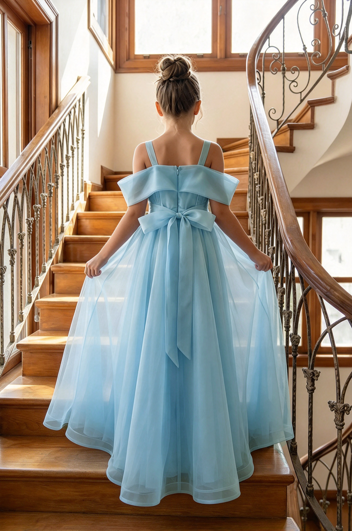 Light Blue Off Shoulder Organza A-Line Flower Girl Dress
