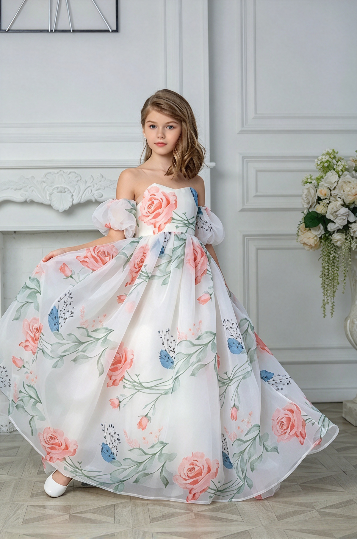 White Off-Shoulder Floral Print Chiffon Puff Sleeve A-Line Dress