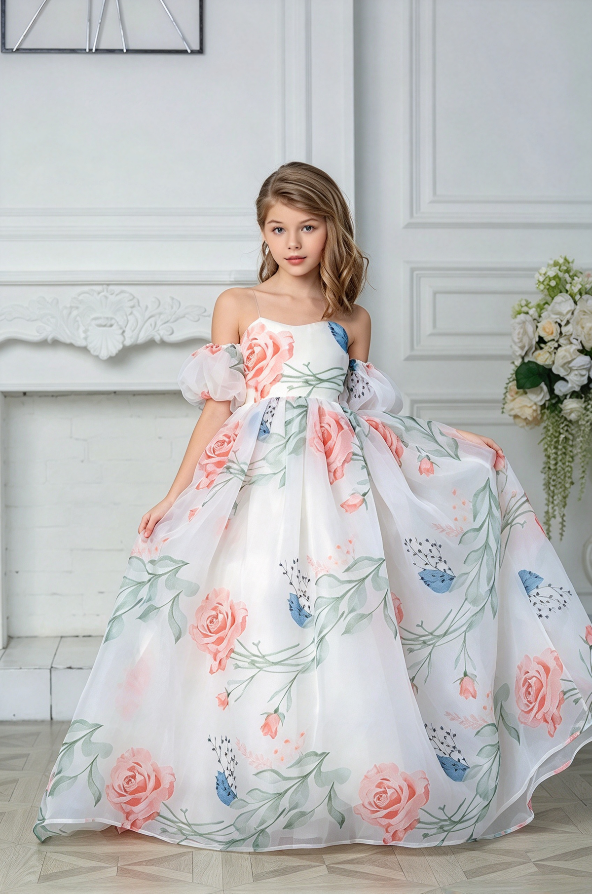 White Off-Shoulder Floral Print Chiffon Puff Sleeve A-Line Dress
