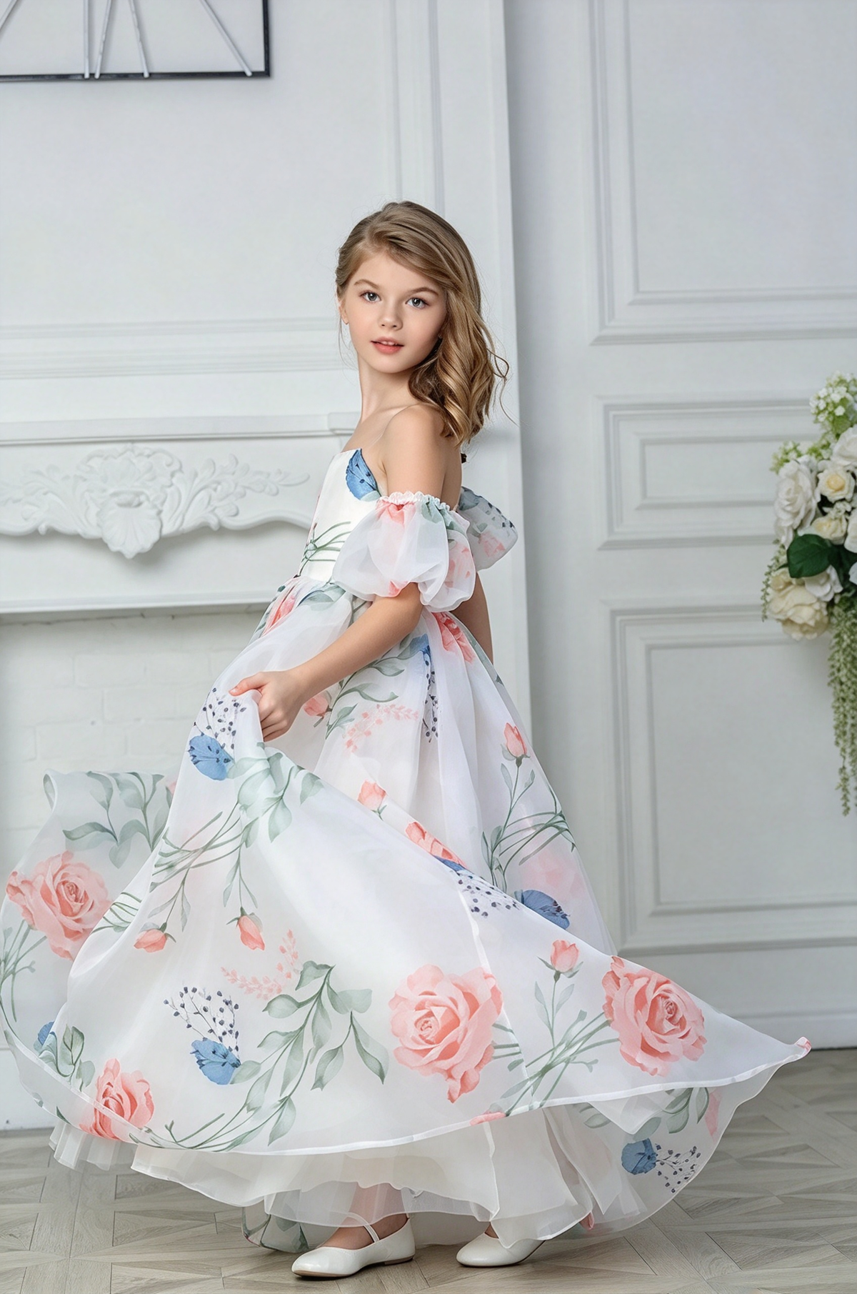 White Off-Shoulder Floral Print Chiffon Puff Sleeve A-Line Dress