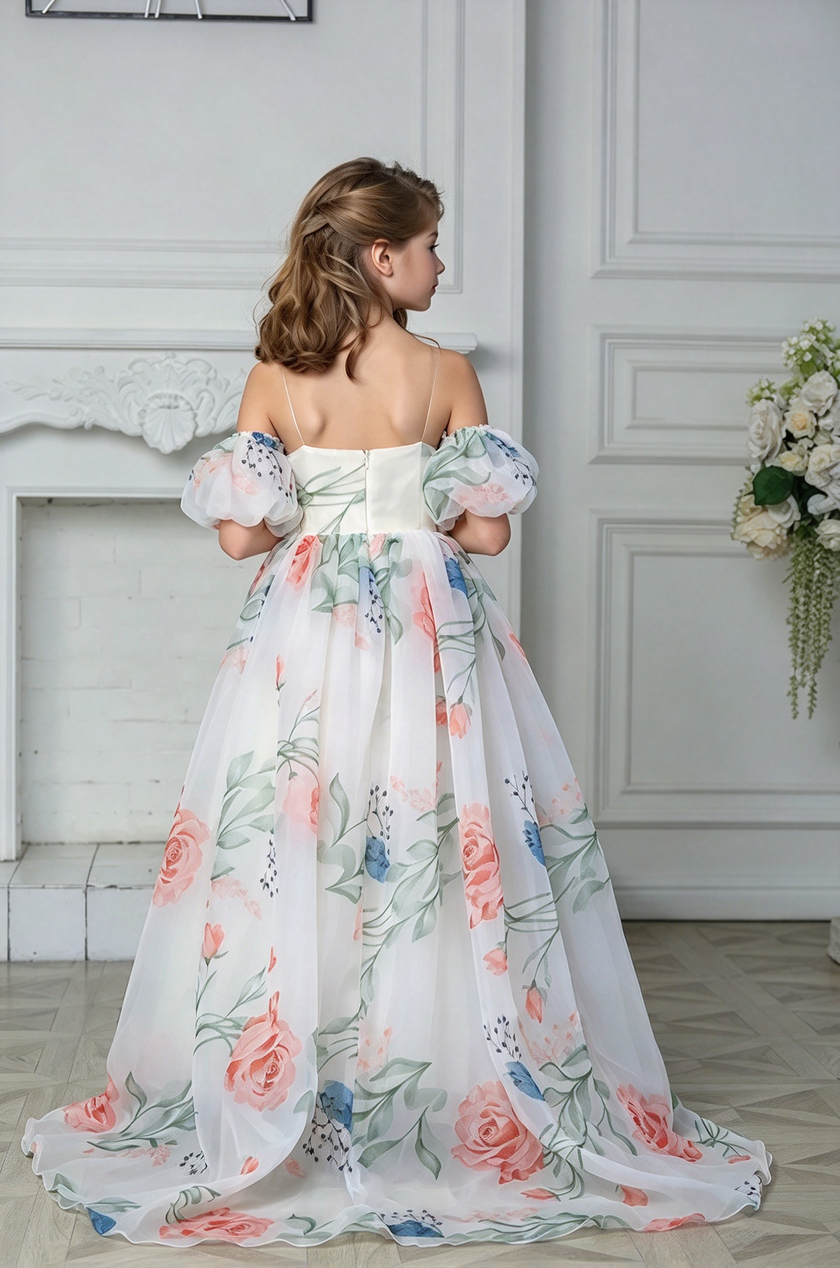 White Off-Shoulder Floral Print Chiffon Puff Sleeve A-Line Dress