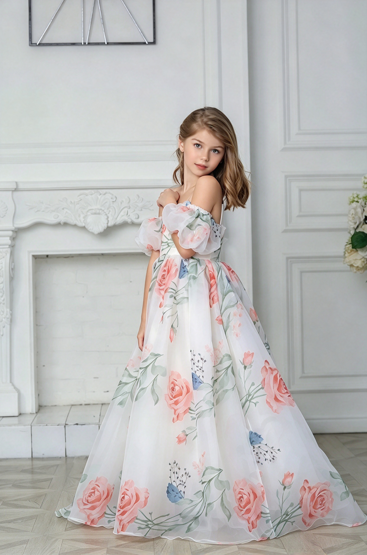 White Off-Shoulder Floral Print Chiffon Puff Sleeve A-Line Dress