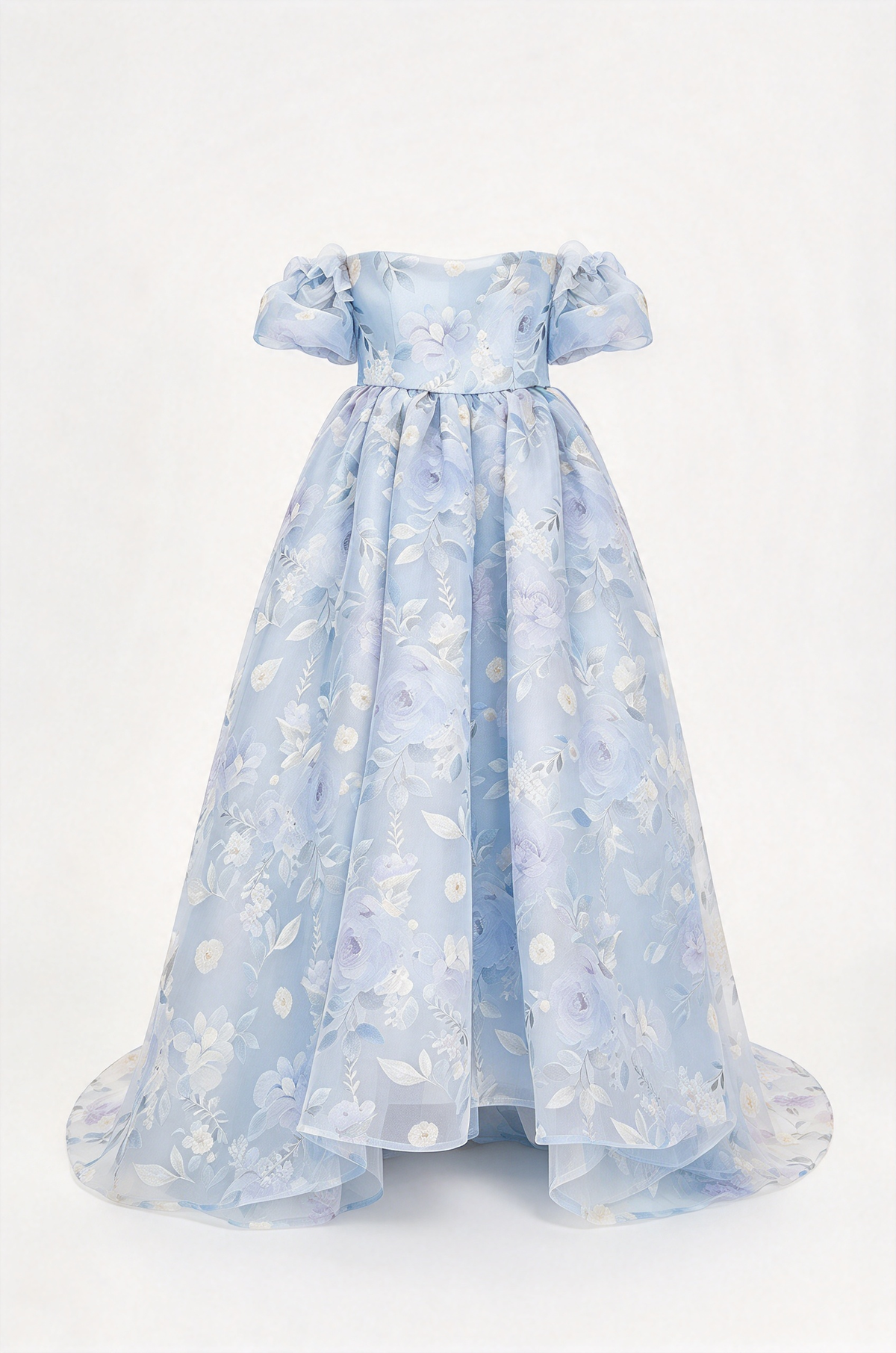 Light Purple Off-Shoulder Floral Print Chiffon Puff Sleeve A-Line Dress