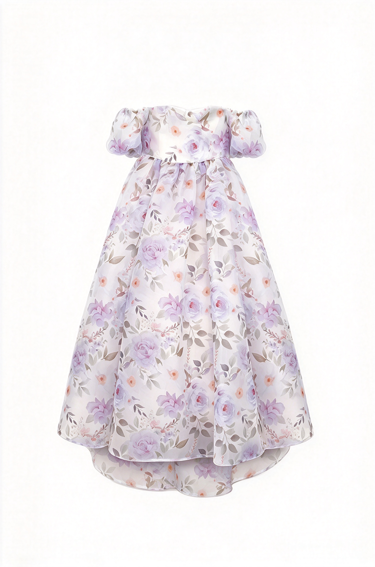 Light Purple Off-Shoulder Floral Print Chiffon Puff Sleeve A-Line Dress