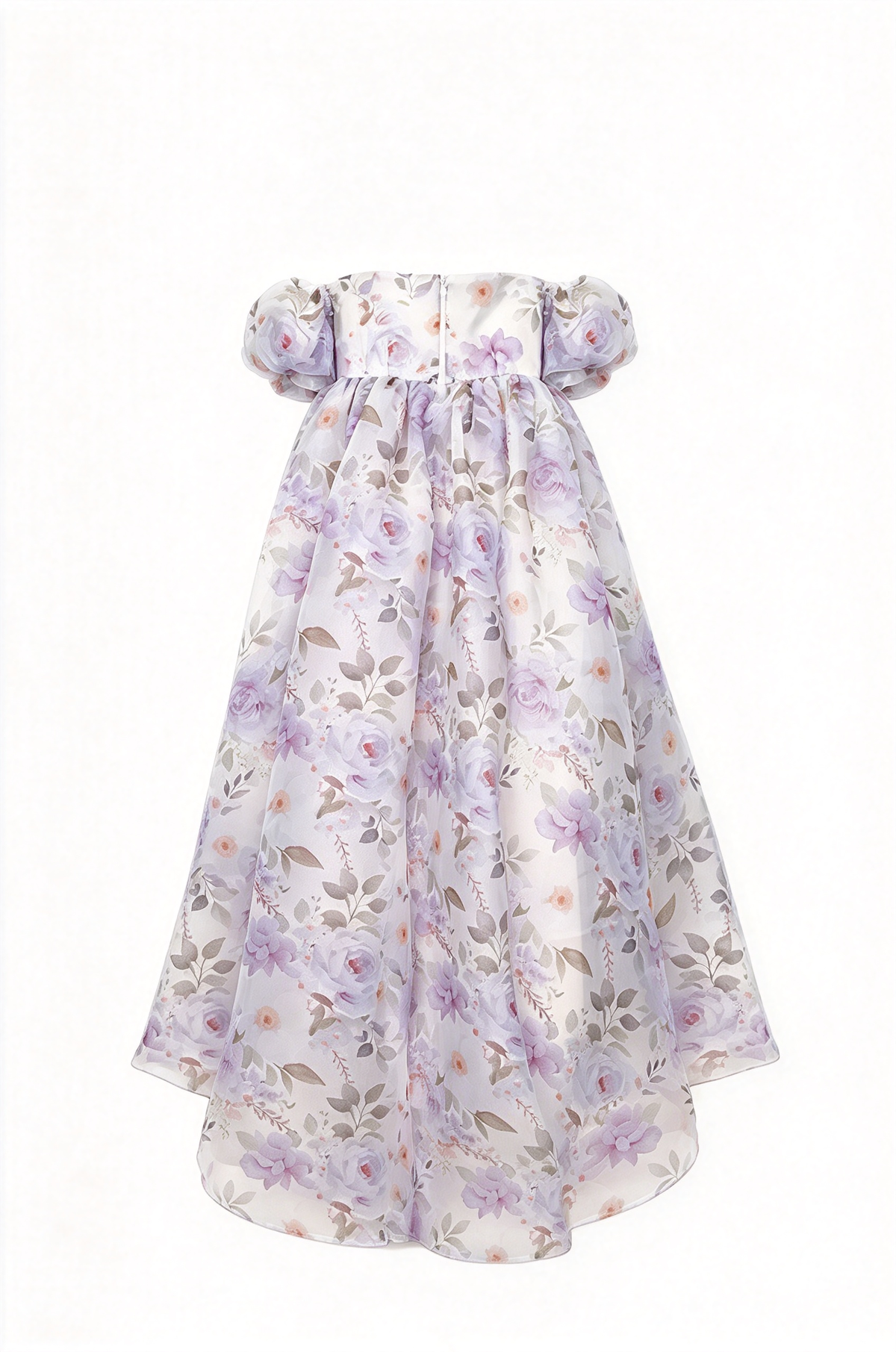 Light Purple Off-Shoulder Floral Print Chiffon Puff Sleeve A-Line Dress