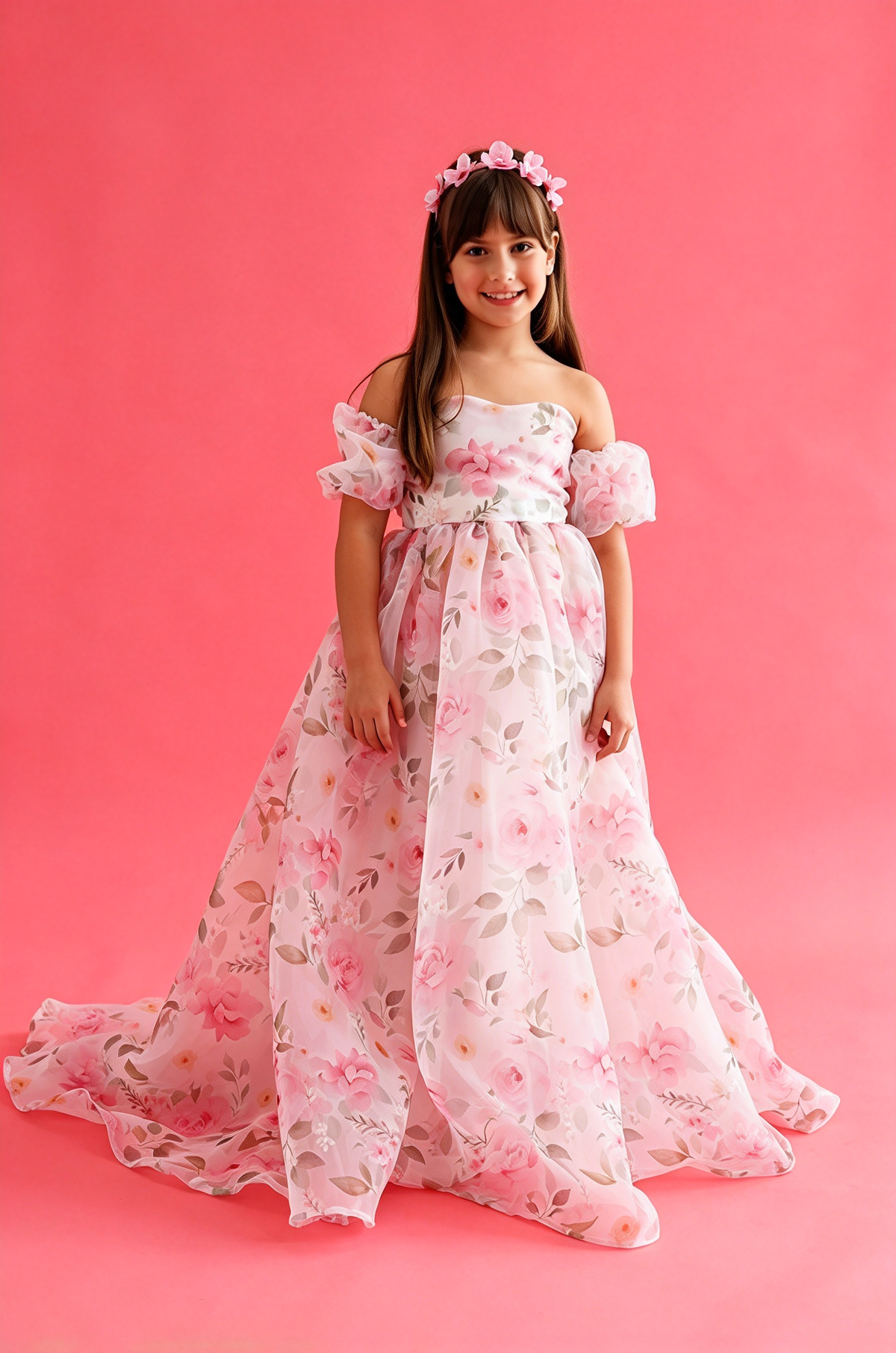 Light Purple Off-Shoulder Floral Print Chiffon Puff Sleeve A-Line Dress