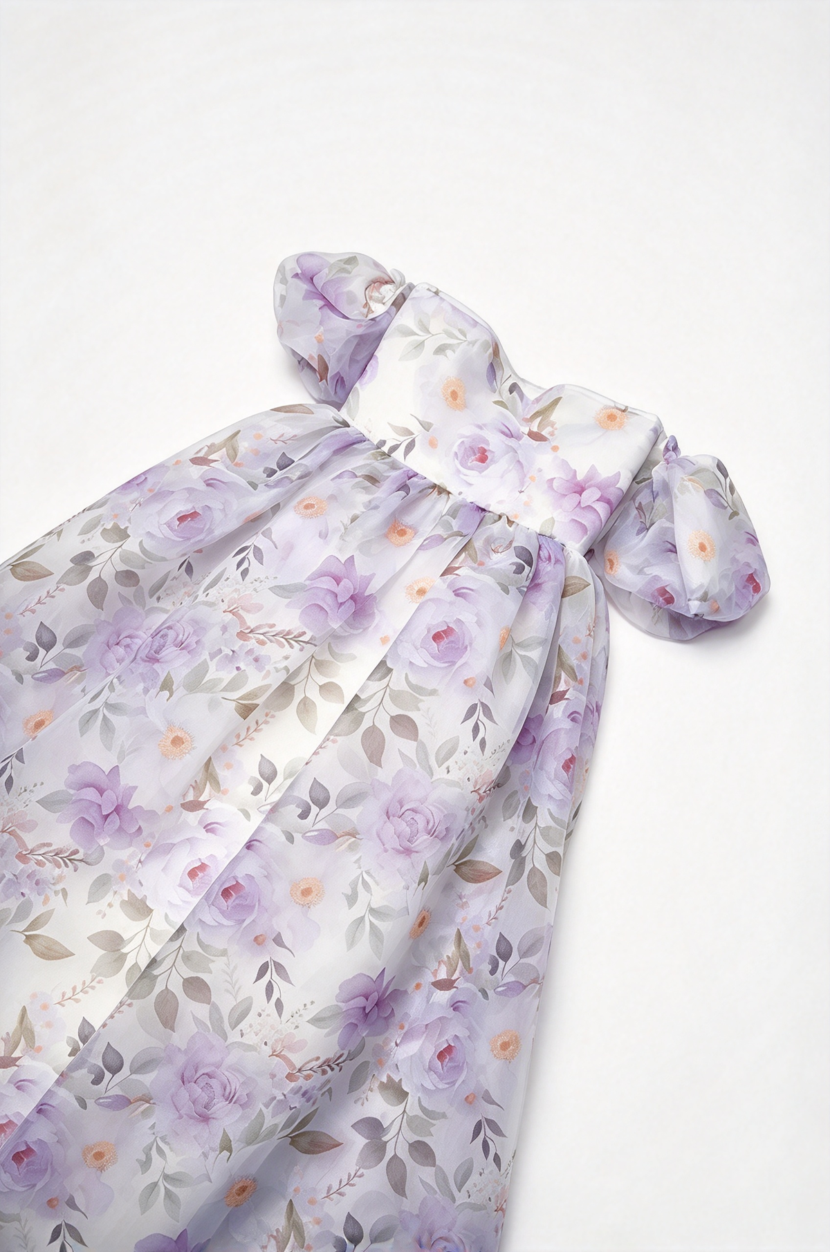 Light Purple Off-Shoulder Floral Print Chiffon Puff Sleeve A-Line Dress