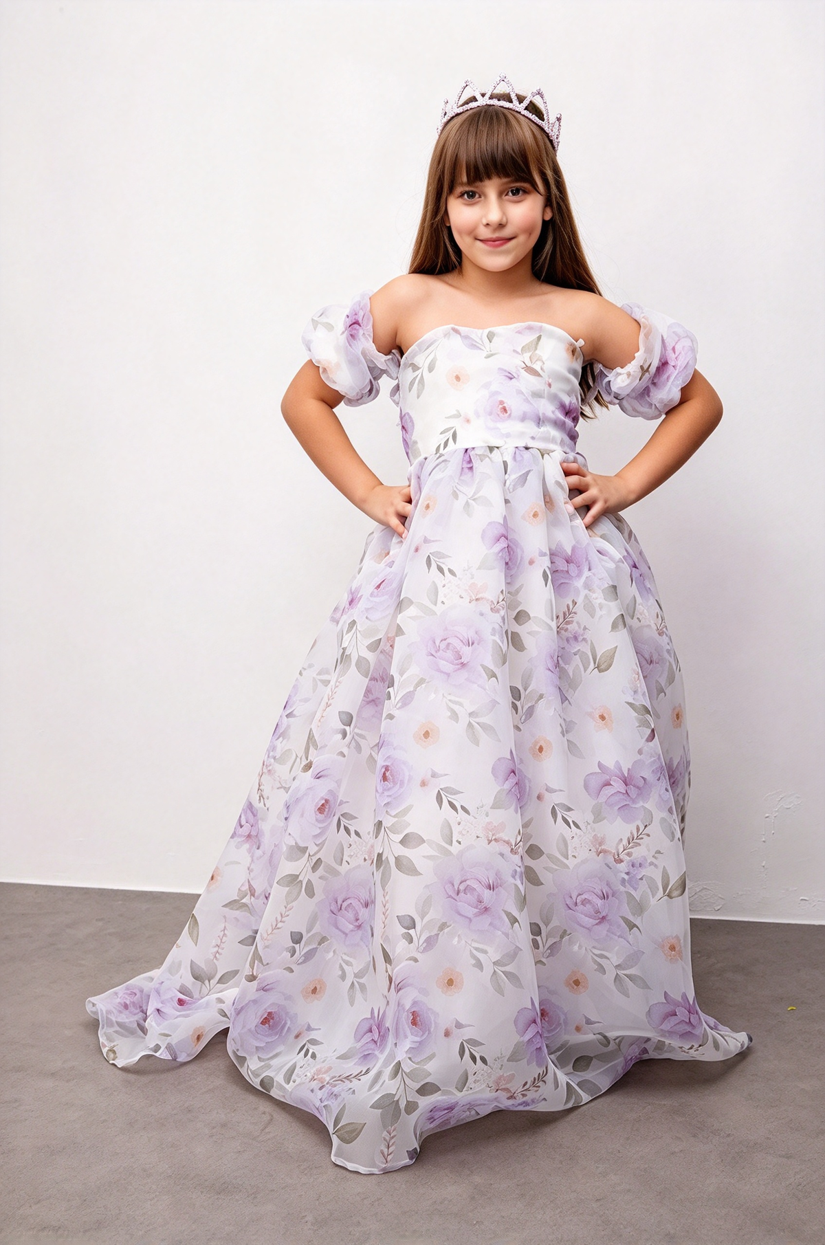 Light Purple Off-Shoulder Floral Print Chiffon Puff Sleeve A-Line Dress