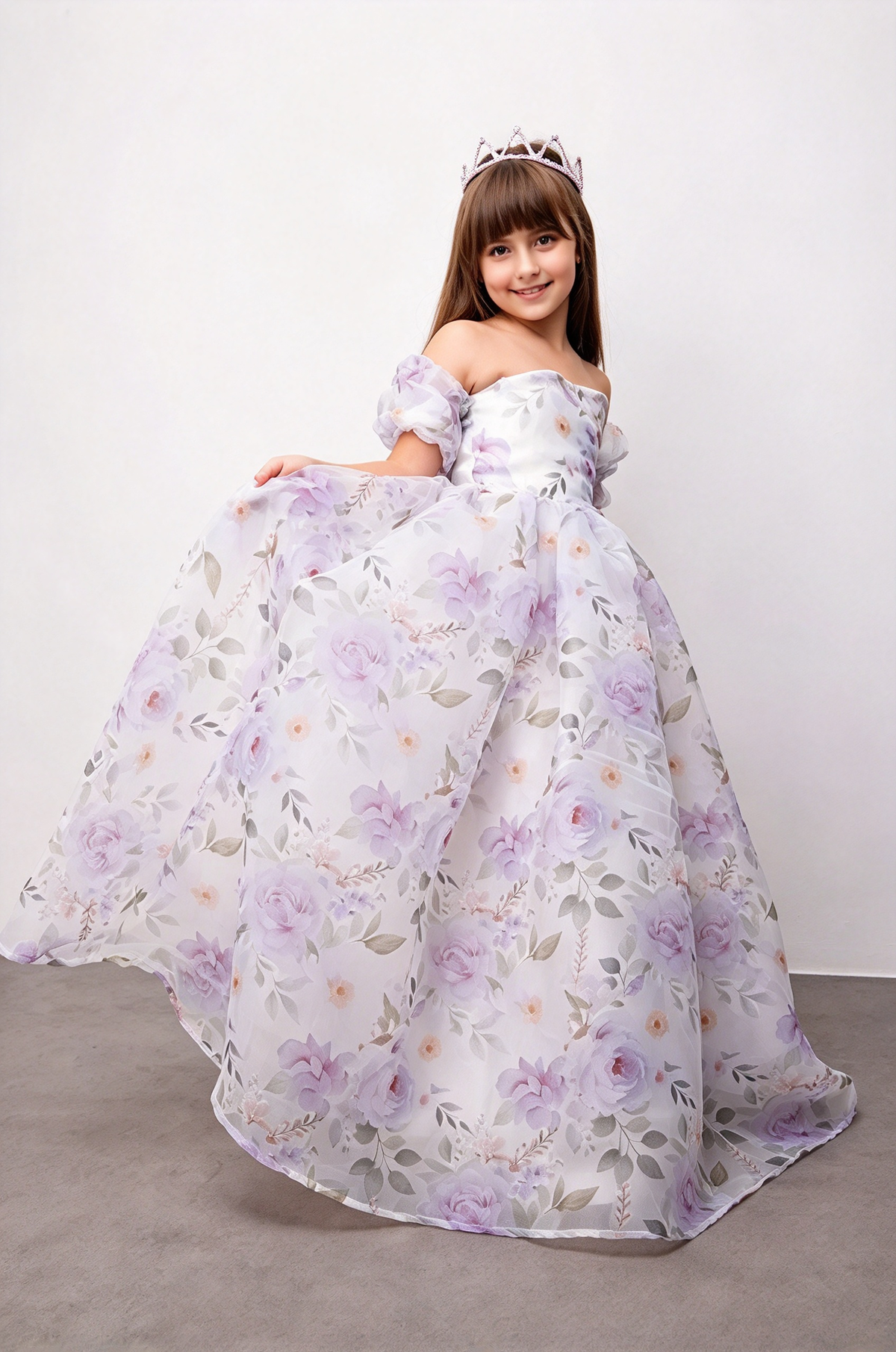 Light Purple Off-Shoulder Floral Print Chiffon Puff Sleeve A-Line Dress
