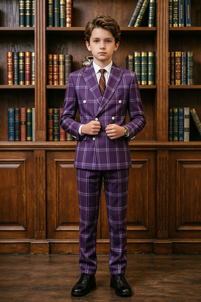 Boys Purple Plaid 2-Piece Suit for Weddings