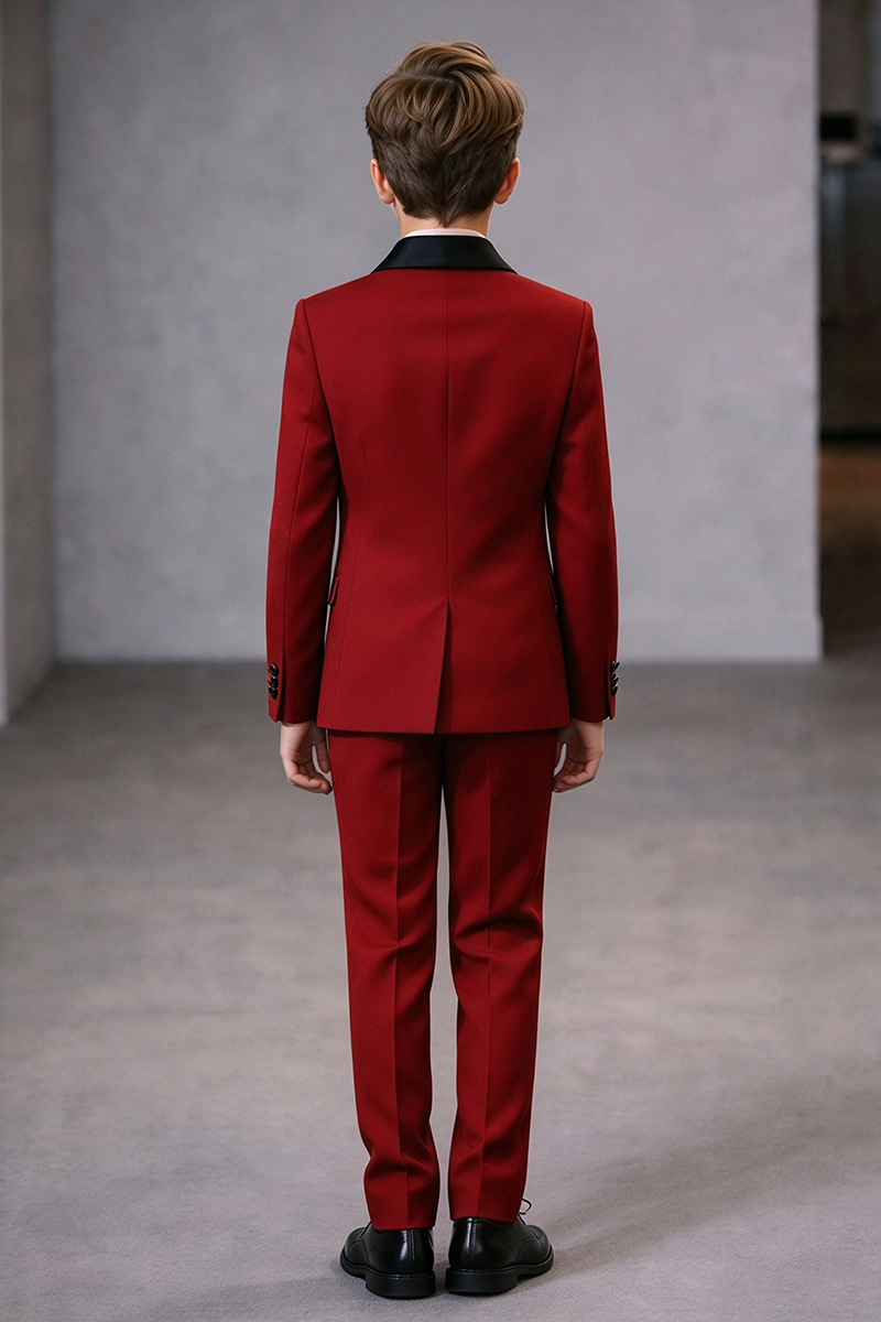 Boys Red with Black Satin Shawl Collar 2-Piece Suit