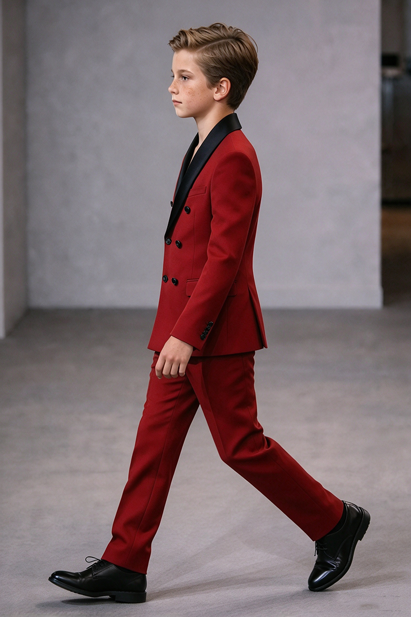 Boys Red with Black Satin Shawl Collar 2-Piece Suit