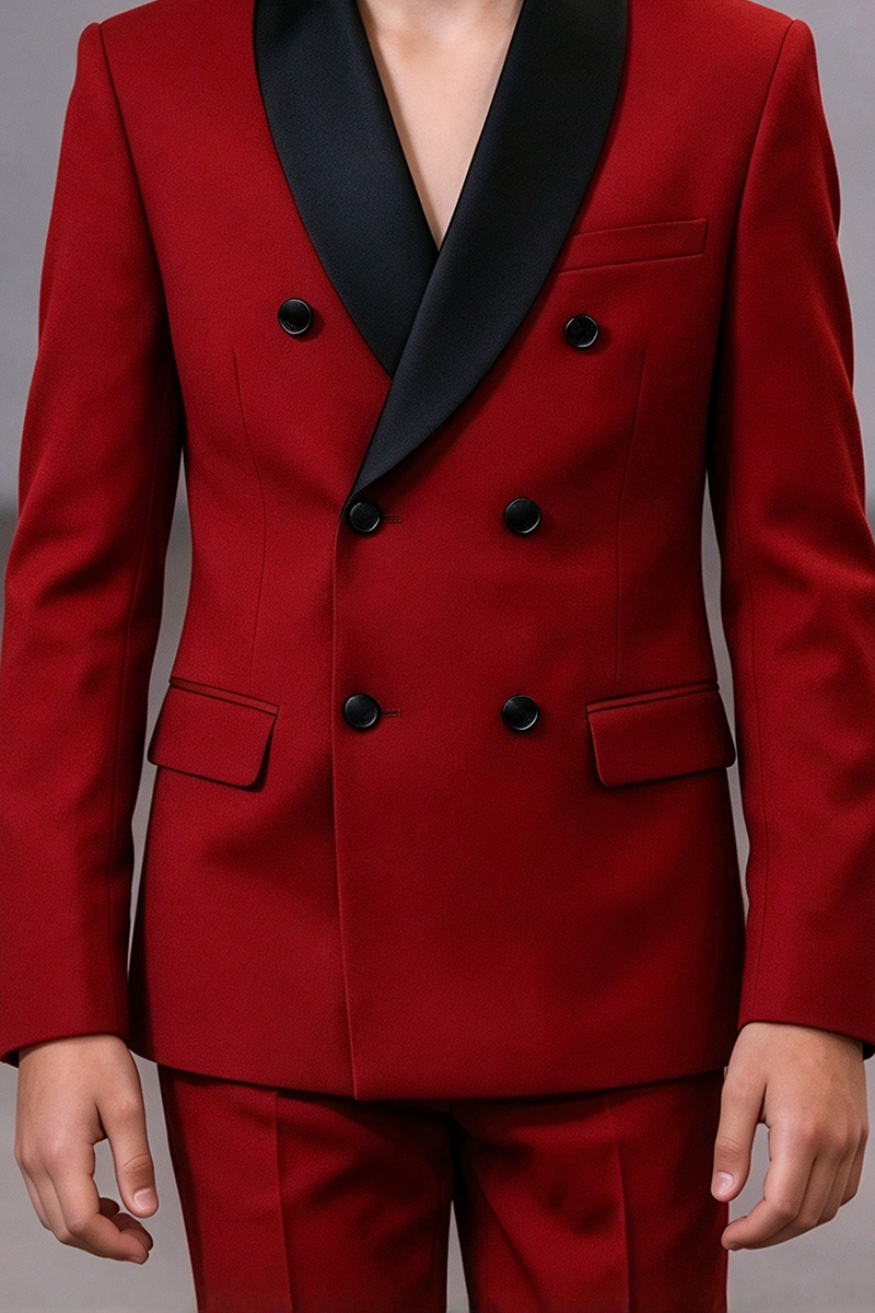 Boys Red with Black Satin Shawl Collar 2-Piece Suit