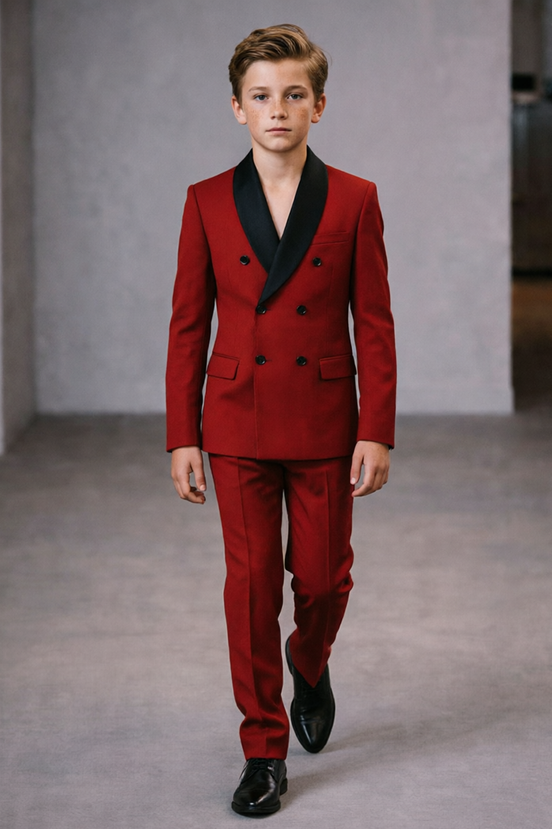 Boys Red with Black Satin Shawl Collar 2-Piece Suit