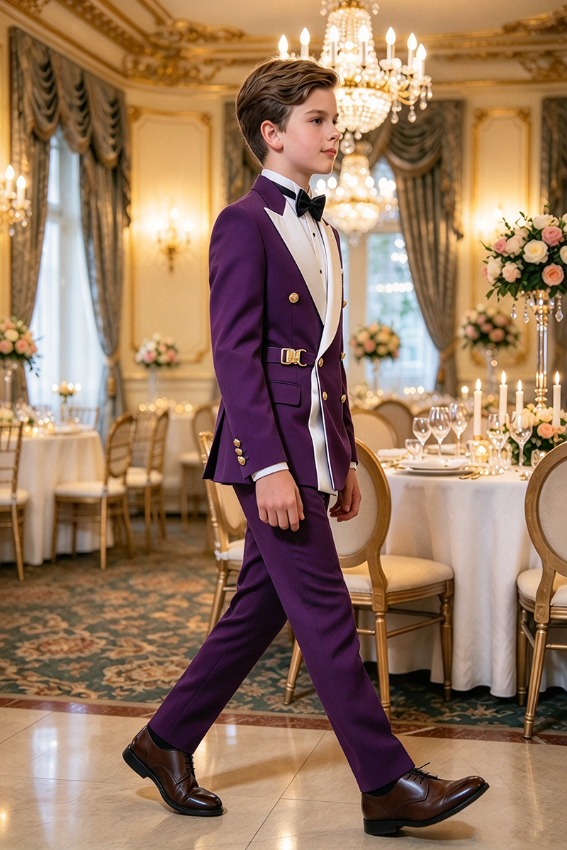 Boys Purple 2-Piece Suit with White Satin Peak Lapel