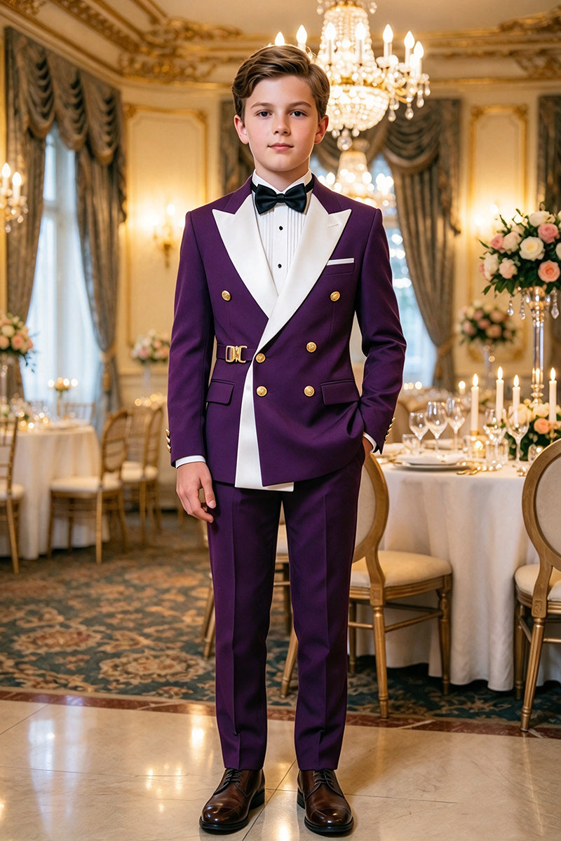 Boys Purple 2-Piece Suit with White Satin Peak Lapel