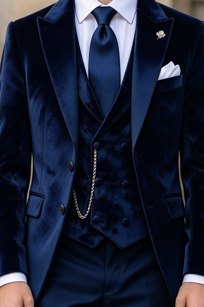 Boys Navy Velvet with Notch Lapel Tailcoat 3-Piece Suit