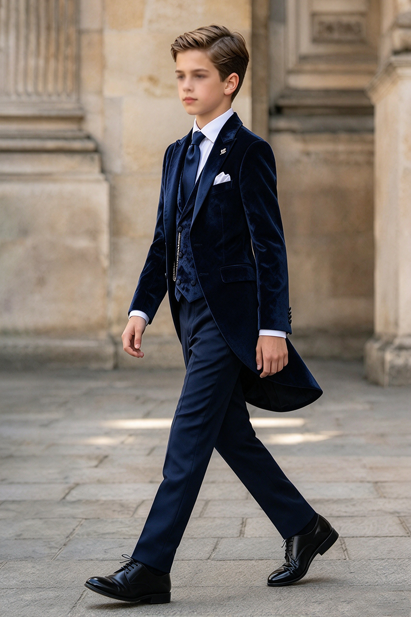 Boys Navy Velvet with Notch Lapel Tailcoat 3-Piece Suit