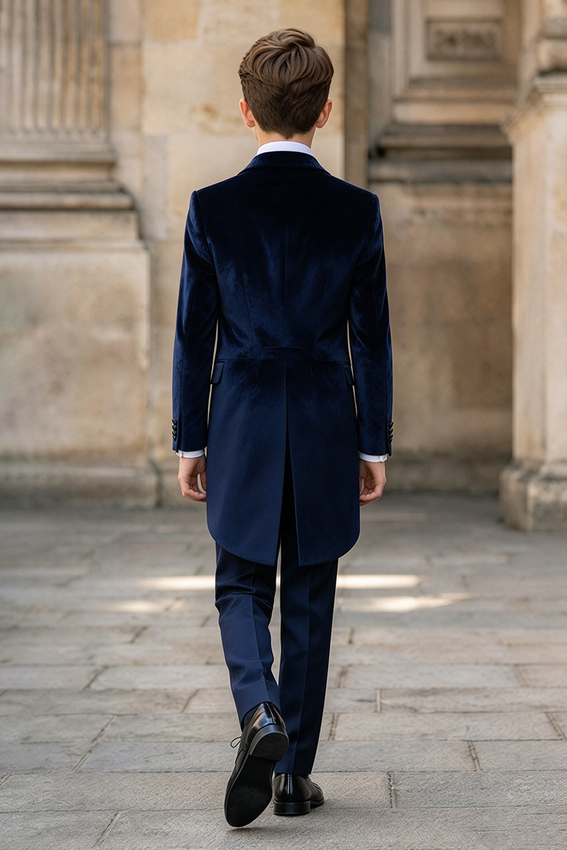 Boys Navy Velvet with Notch Lapel Tailcoat 3-Piece Suit