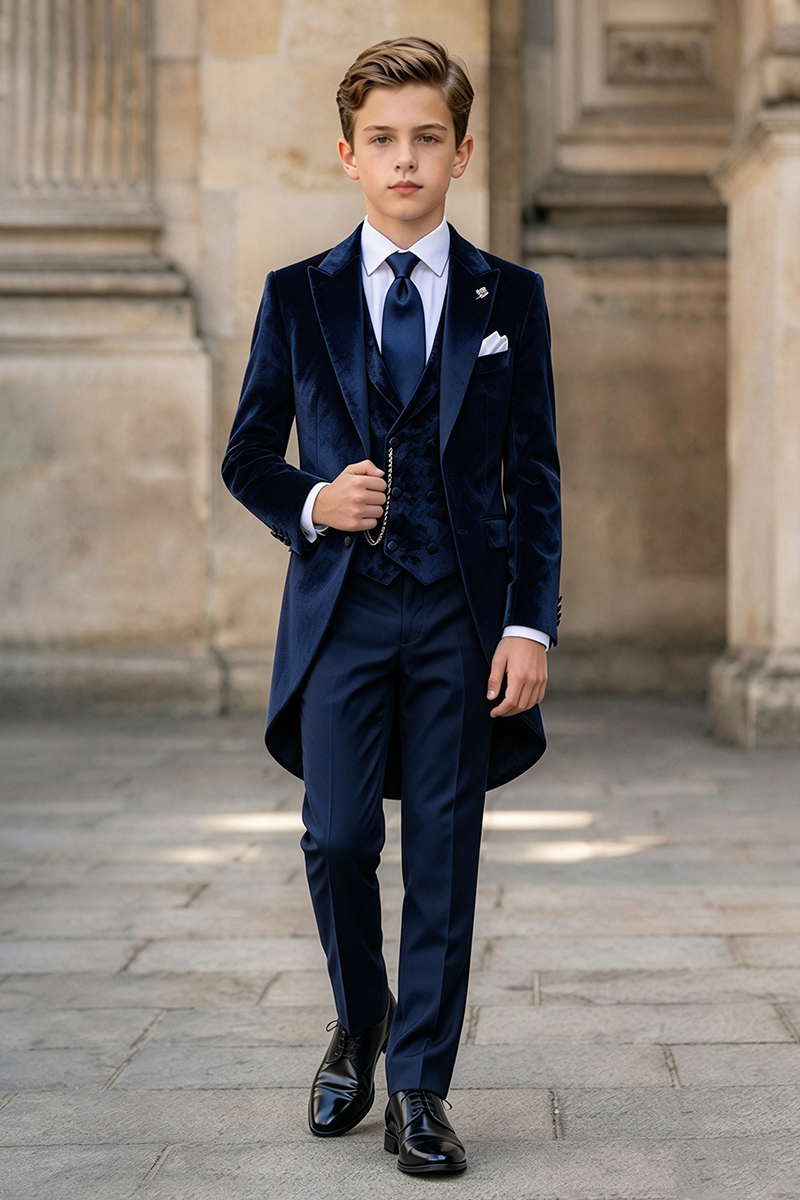 Boys Navy Velvet with Notch Lapel Tailcoat 3-Piece Suit